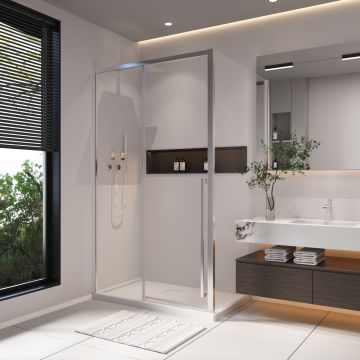 Porte de douche coulissante Kaveri 48 x 36 x 79 3/4 po, 8 mm pour installation en coin avec verre clair et fini chrome