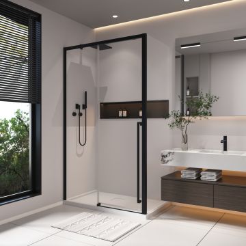 Porte de douche coulissante Kaveri 48 x 36 x 79 3/4 po, 8 mm pour installation en coin avec verre clair et fini noir mat