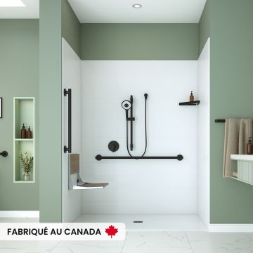 Base de douche Aspire 6238 blanche pour alcôve en acrylique avec fond antidérapant et drain central noir mat en PVC