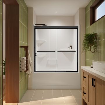 Porte de baignoire bidirectionnelle Misca 51-55 x 57 po, 6 mm pour installation en alcôve avec verre clair et fini noir mat