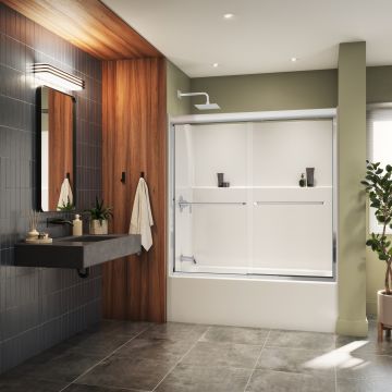 Porte de baignoire bidirectionnelle Misca 55-59 x 57 po, 6 mm pour installation en alcôve avec verre clair et fini chrome