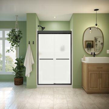 Douche Misca Porte de bidirectionnelle 43-47 x 71 po, 6 mm pour installation en alcôve avec verre givré et fini noir mat