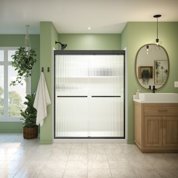 Douche Misca Porte de bidirectionnelle 55-59 x 71 po, 6 mm pour installation en alcôve avec verre fluté et fini noir mat