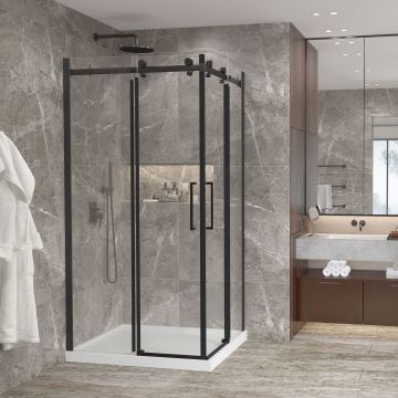 Porte de douche 42 po x Bellini 2.0 36 po noir mat ouverture en coin