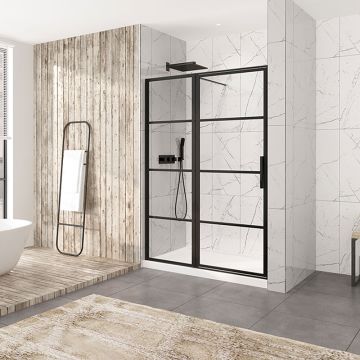 Porte de douche Materia 60 po en alcôve noir mat rectangulaire porte décentrée
