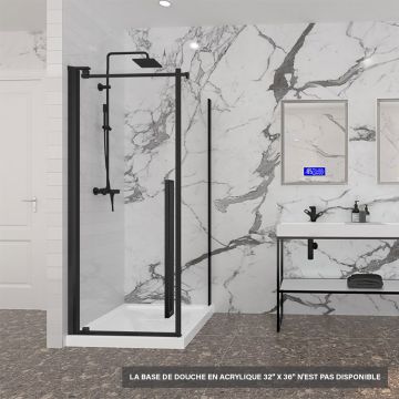 Porte de douche 32 po x Amaly 36 po en coin noir mat carré mur à gauche