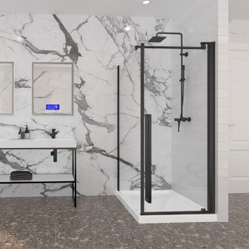Porte de douche 32 po x Amaly 42 po en coin noir mat carré mur à droite