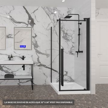 Porte de douche 36 po x Amaly 32 po en coin noir mat carré mur à droite