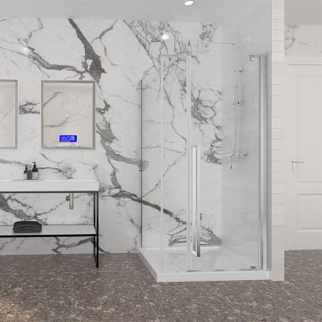 Porte de douche 42 po x Amaly 36 po en coin chrome rectangulaire porte décentrée mur à droite