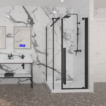 Porte de douche 42 po x Amaly 36 po en coin noir mat rectangulaire porte décentrée mur à droite