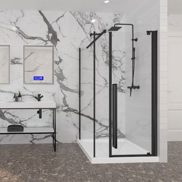 Porte de douche 42 po x Amaly 42 po en coin noir mat rectangulaire porte décentrée mur à droite
