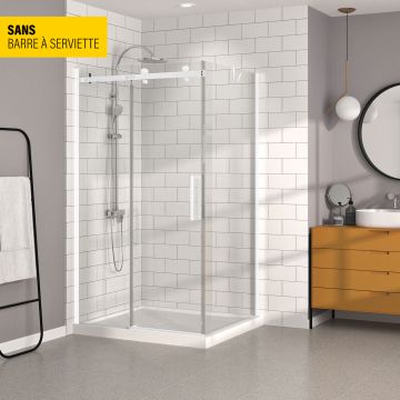 Porte de douche 48 po x Bellini 32 po en coin blanc mat fermeture sur retour mur à gauche porte à droite