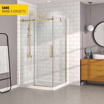 Porte de douche 48 po x Bellini 32 po en coin or brossé fermeture sur retour mur à gauche porte à droite en or brossé