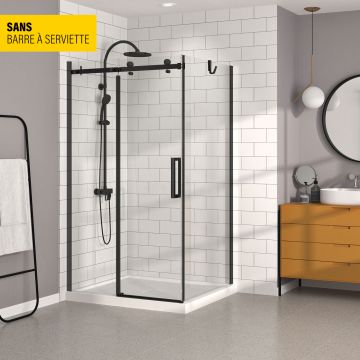 Porte de douche 48 po x Bellini 32 po en coin noir mat fermeture sur retour mur à gauche porte à droite
