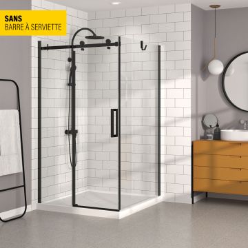 Porte de douche 48 po x Bellini 42 po en coin noir mat fermeture sur retour mur à gauche porte à droite