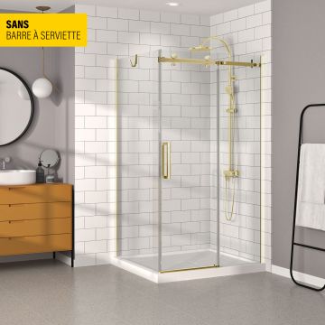 Porte de douche 48 po x Bellini 32 po en coin or brossé fermeture sur retour mur à droite porte à gauche en or brossé