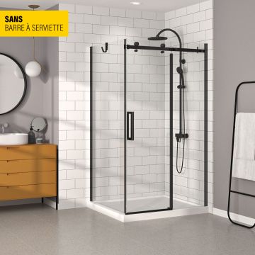Porte de douche 48 po x Bellini 32 po en coin noir mat fermeture sur retour mur à droite porte à gauche