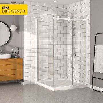 Porte de douche 48 po x Bellini 42 po en coin blanc mat fermeture sur retour mur à droite porte à gauche