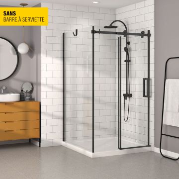 Porte de douche 48 po x Bellini 42 po en coin noir mat fermeture sur mur mur à droite