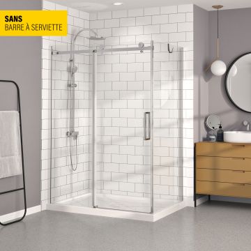 Porte de douche 60 po x Bellini 32 po en coin chrome fermeture sur retour mur à gauche porte à droite