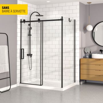 Porte de douche 60 po x Bellini 32 po en coin noir mat fermeture sur mur mur à gauche porte à gauche