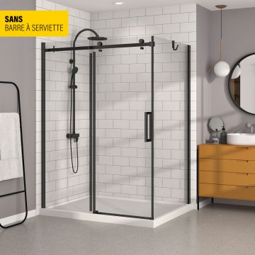 Porte de douche 60 po x Bellini 42 po en coin noir mat fermeture sur retour mur à gauche porte à droite