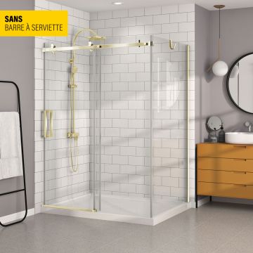 Porte de douche 60 po x Bellini 42 po en coin or brossé fermeture sur mur mur à gauche porte à gauche en or brossé