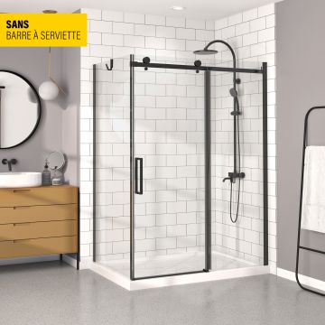 Porte de douche 60 po x Bellini 32 po en coin noir mat fermeture sur retour mur à droite porte à gauche