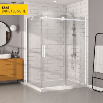 Porte de douche 60 po x Bellini 42 po en coin blanc mat fermeture sur retour mur à droite porte à gauche