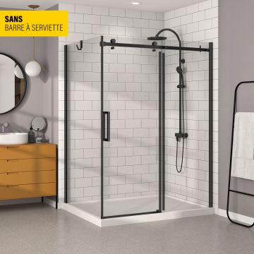 Porte de douche 60 po x Bellini 42 po en coin noir mat fermeture sur retour mur à droite porte à gauche