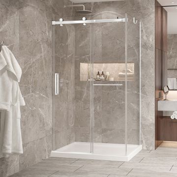 Porte de douche 48 po x Bellini 2.0 32 po en coin blanc mat fermeture sur mur mur à gauche porte à gauche