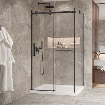 Porte de douche 48 po x Bellini 2.0 32 po en coin noir mat fermeture sur mur mur à gauche porte à gauche