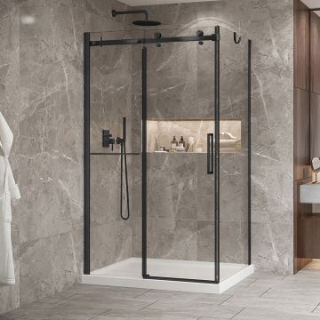 Porte de douche 48 po x Bellini 2.0 36 po en coin noir mat fermeture sur retour mur à gauche porte à droite