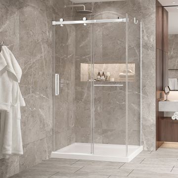 Porte de douche 48 po x Bellini 2.0 36 po en coin blanc mat fermeture sur mur mur à gauche porte à gauche