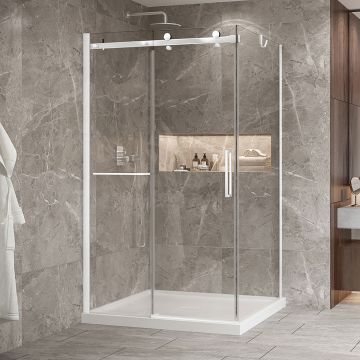 Porte de douche 48 po x Bellini 2.0 42 po en coin blanc mat fermeture sur retour mur à gauche porte à droite