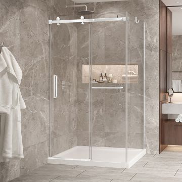 Porte de douche 48 po x Bellini 2.0 42 po en coin blanc mat fermeture sur mur mur à gauche porte à gauche