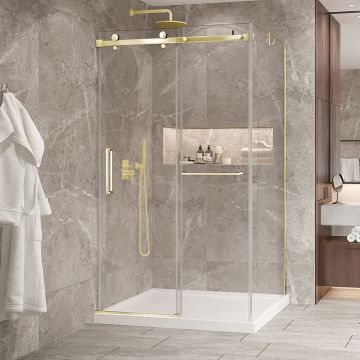 Porte de douche 48 po x Bellini 2.0 42 po en coin or brossé fermeture sur mur mur à gauche porte à gauche en or brossé