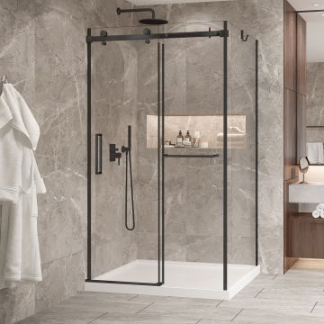 Porte de douche 48 po x Bellini 2.0 42 po en coin noir mat fermeture sur mur mur à gauche porte à gauche