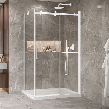 Porte de douche 48 po x Bellini 2.0 32 po en coin blanc mat fermeture sur retour mur à droite porte à gauche