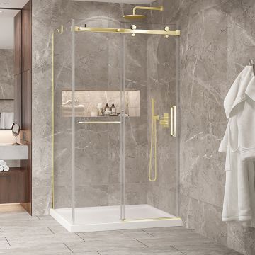 Porte de douche 48 po x Bellini 2.0 36 po en coin or brossé fermeture sur mur mur à droite en or brossé