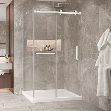 Porte de douche 48 po x Bellini 2.0 42 po en coin blanc mat fermeture sur mur mur à droite
