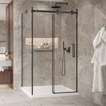 Porte de douche 48 po x Bellini 2.0 42 po en coin noir mat fermeture sur mur mur à droite