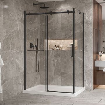 Porte de douche 54 po x Bellini 2.0 32 po en coin noir mat fermeture sur retour mur à gauche porte à droite