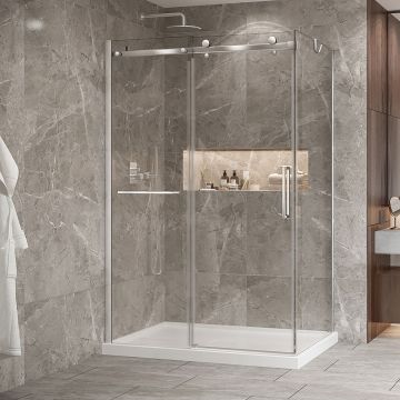 Porte de douche 54 po x Bellini 2.0 36 po en coin chrome fermeture sur retour mur à gauche porte à droite