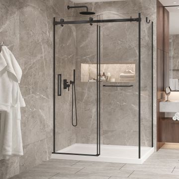 Porte de douche 54 po x Bellini 2.0 36 po en coin noir mat fermeture sur mur mur à gauche porte à gauche
