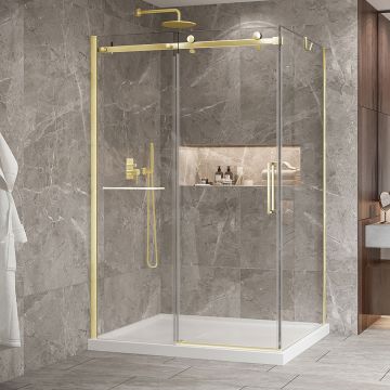 Porte de douche 54 po x Bellini 2.0 42 po en coin or brossé fermeture sur retour mur à gauche porte à droite en or brossé