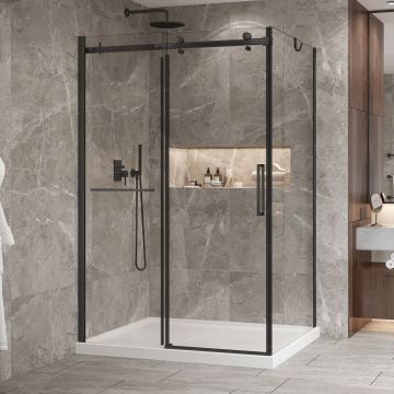 Porte de douche 54 po x Bellini 2.0 42 po en coin noir mat fermeture sur retour mur à gauche porte à droite