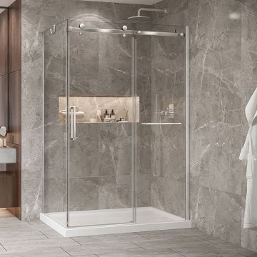 Porte de douche 54 po x Bellini 2.0 32 po en coin chrome fermeture sur retour mur à droite porte à gauche