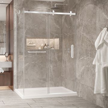 Porte de douche 54 po x Bellini 2.0 32 po en coin blanc mat fermeture sur mur mur à droite porte à droite