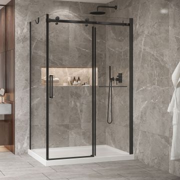 Porte de douche 54 po x Bellini 2.0 36 po en coin noir mat fermeture sur retour mur à droite porte à gauche